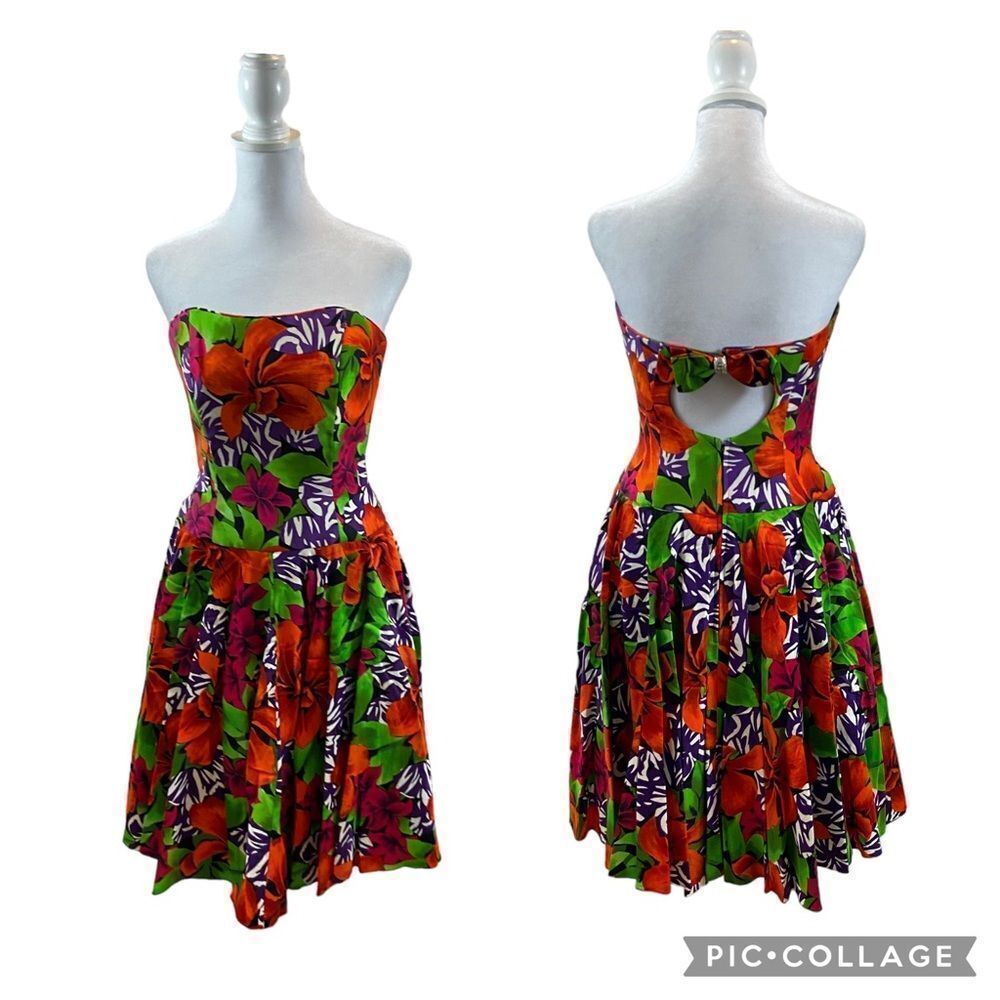 Vintage 80’s Floral Strapless Party Dress A.J. Bari Size 6